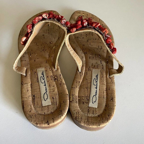Oscar De La Renta Sandal Thong Slip On Flip Flop Flat Cork Embellished B… - Picture 7 of 8